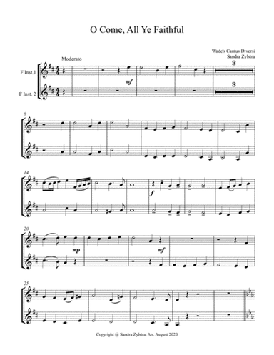 O Come, All Ye Faithful (treble F instrument duet, parts only) (arr. Sandra Zylstra)