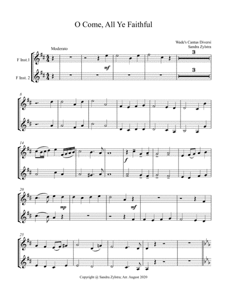 O Come, All Ye Faithful (treble F instrument duet, parts only) (arr. Sandra Zylstra)