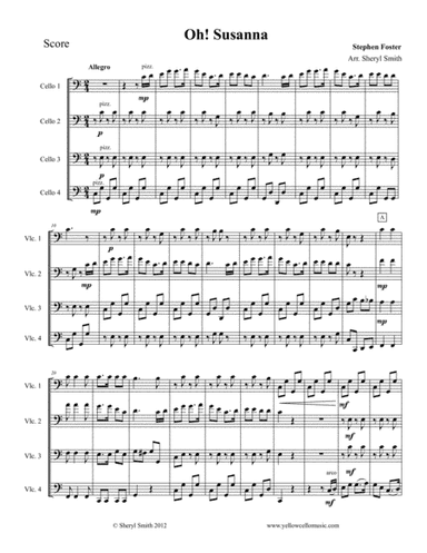 Oh! Susanna for intermediate cello quartet (four cellos) (arr. Yellow Cello Music)