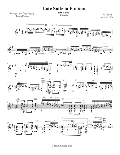 Bach - Lute Suite in E minor (BWV 996) for classical guitar. (arr. James Chiang)