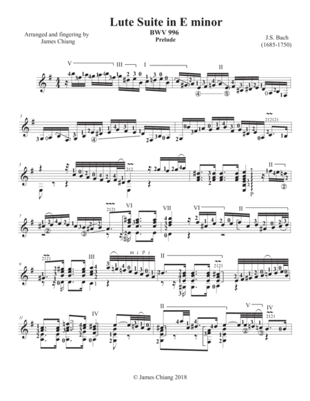 Bach - Lute Suite in E minor (BWV 996) for classical guitar. (arr. James Chiang)