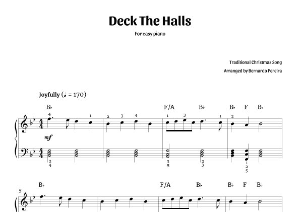 Deck The Halls (easy piano in B? major – with chords) (arr. Bernardo Pereira)
