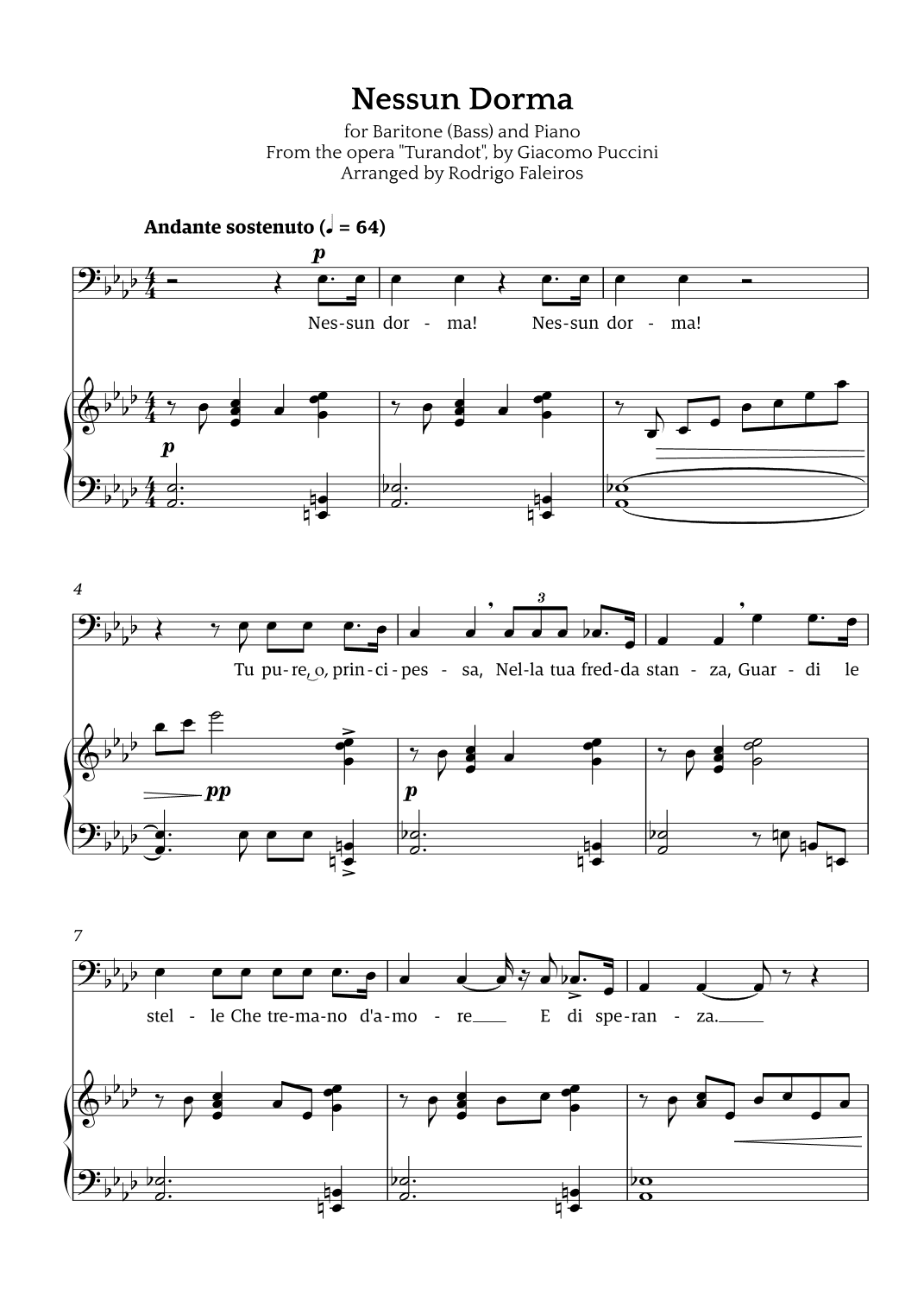 Nessun Dorma (for baritone or bass and piano) (arr. Rodrigo Faleiros)