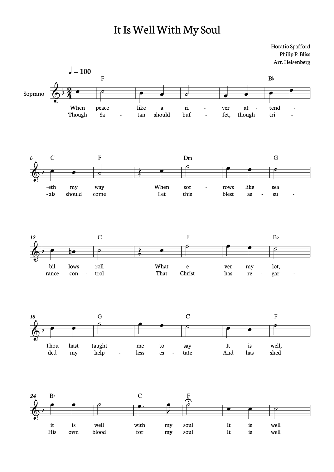 It Is Well With My Soul - Philip Bliss for Soprano in F major (arr. Heisenberg)