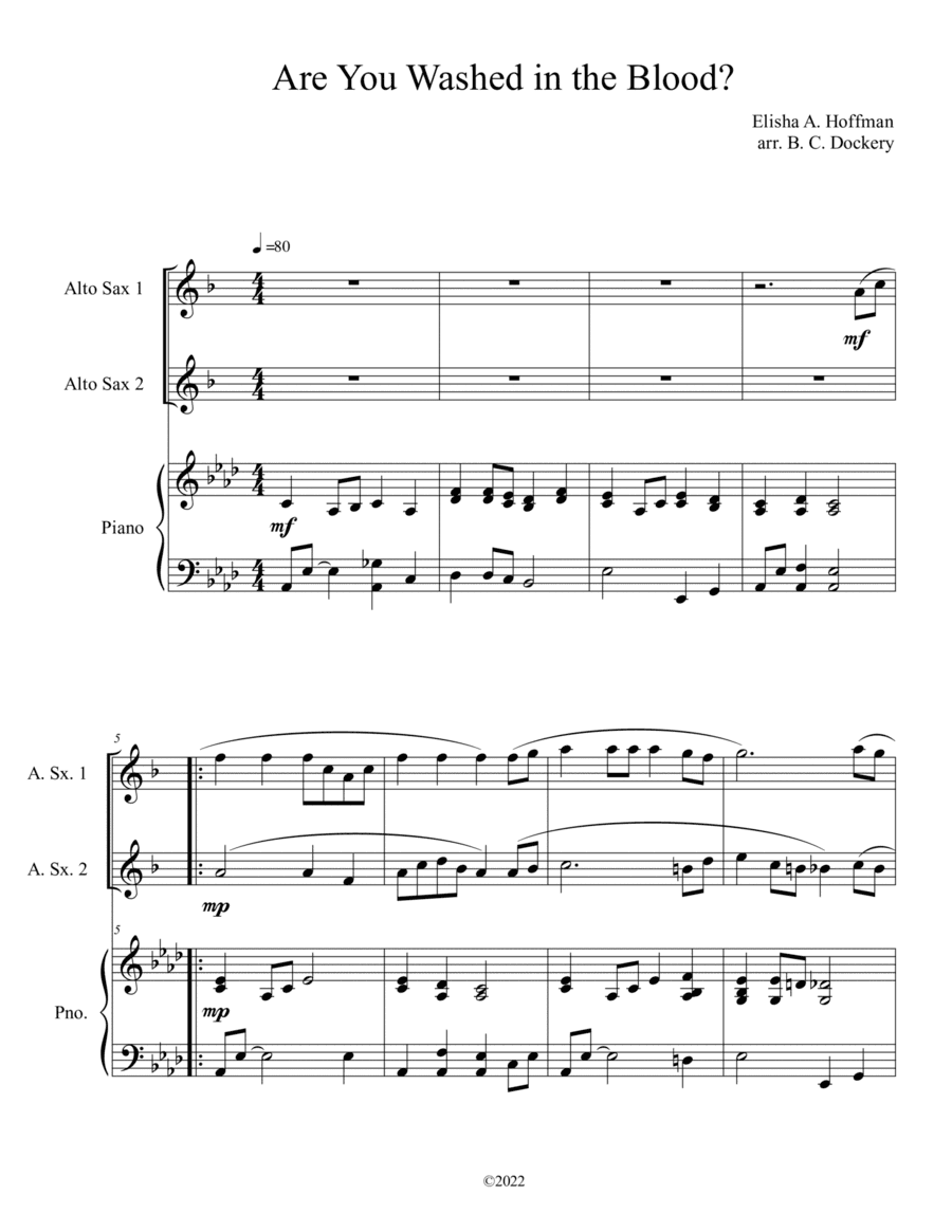 Are You Washed in the Blood? (Alto Sax Duet with Piano Accompaniment) (arr. B. C. Dockery)