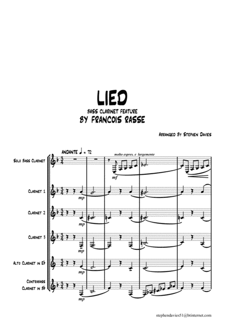 'Lied' (Song) By Francois Rasse for Solo Bass Clarinet & 3 Bb Clarinets/ Alto Clarinet/ Contra-Bass (arr. Stephen Davies)