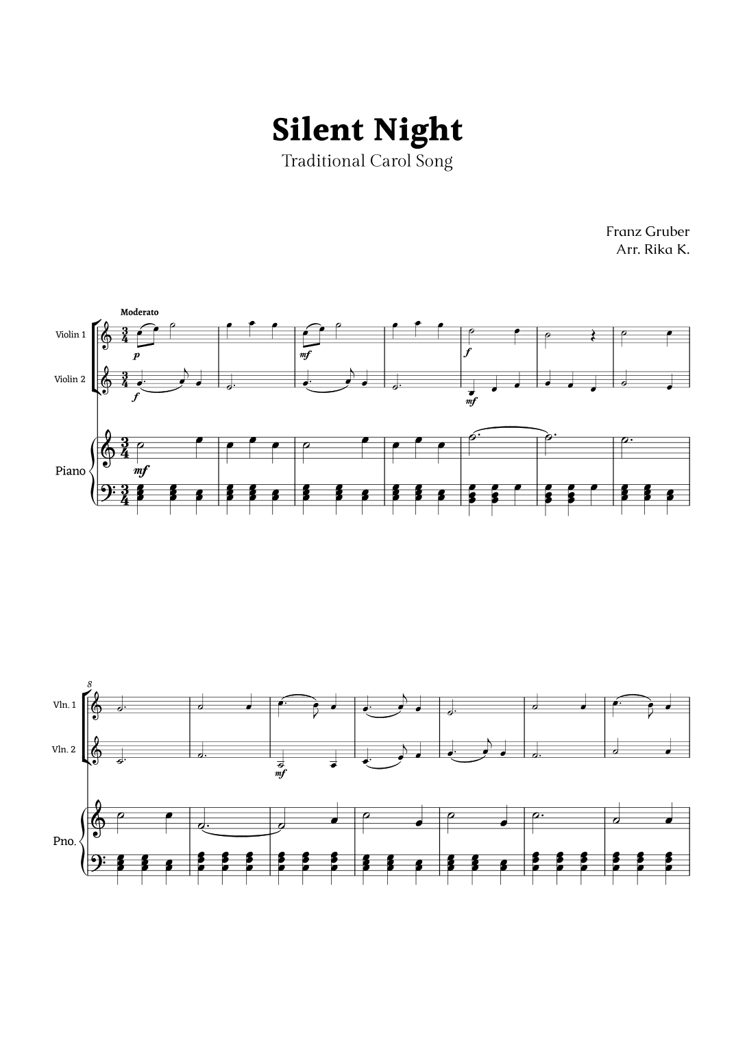 Silent Night for Violin Duet and Piano (arr. Rika K.)