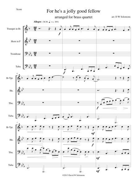 For he's a jolly good fellow for brass quartet (arr. David Warin Solomons)