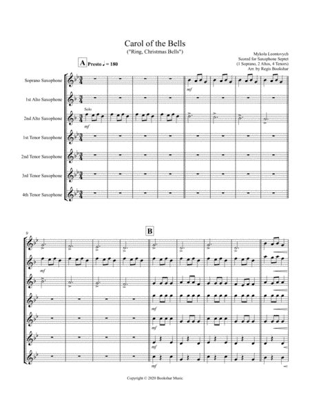 Carol of the Bells (F min) (Saxophone Septet - 1 Sop, 2 Alto, 4 Ten) (arr. Regis Bookshar)