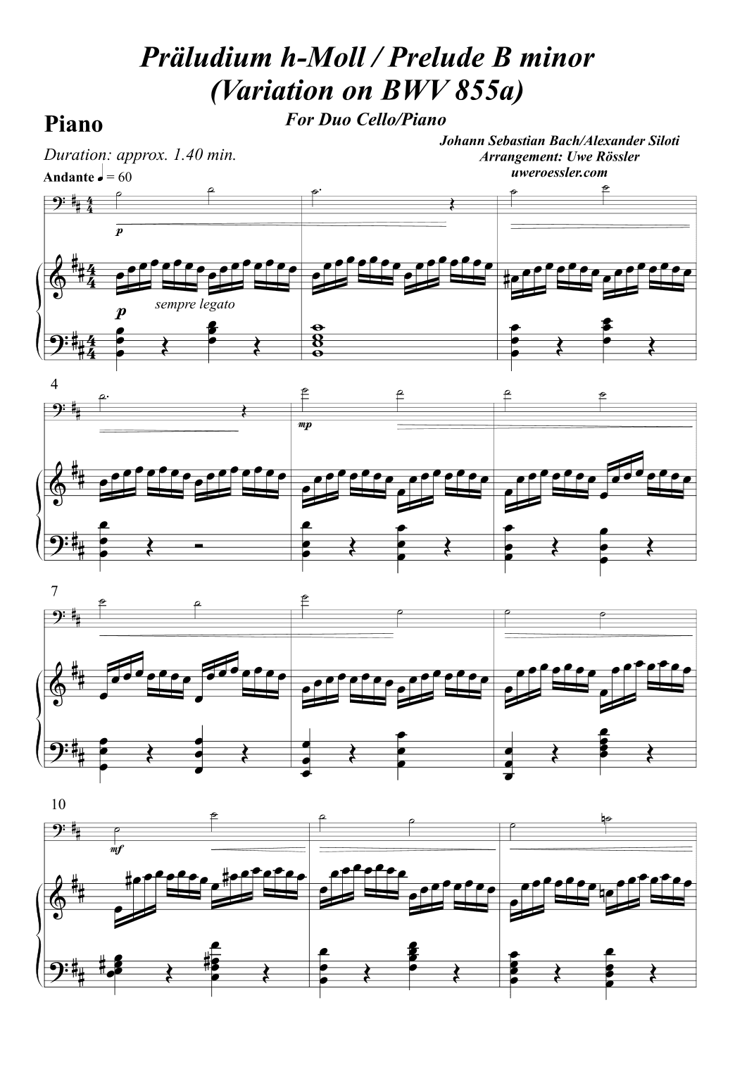 Präludium h-Moll / Prelude b minor BWV 855a Bach / Siloti (arr. Uwe Rössler Roessler Rassler)