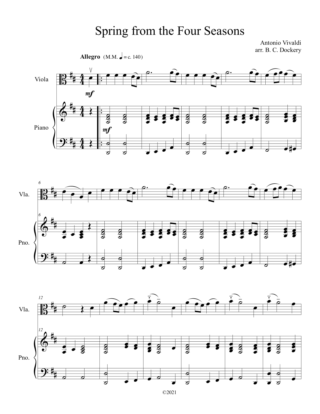 Spring from the Four Seasons (Viola Solo with Piano Accompaniment) (arr. B. C. Dockery)