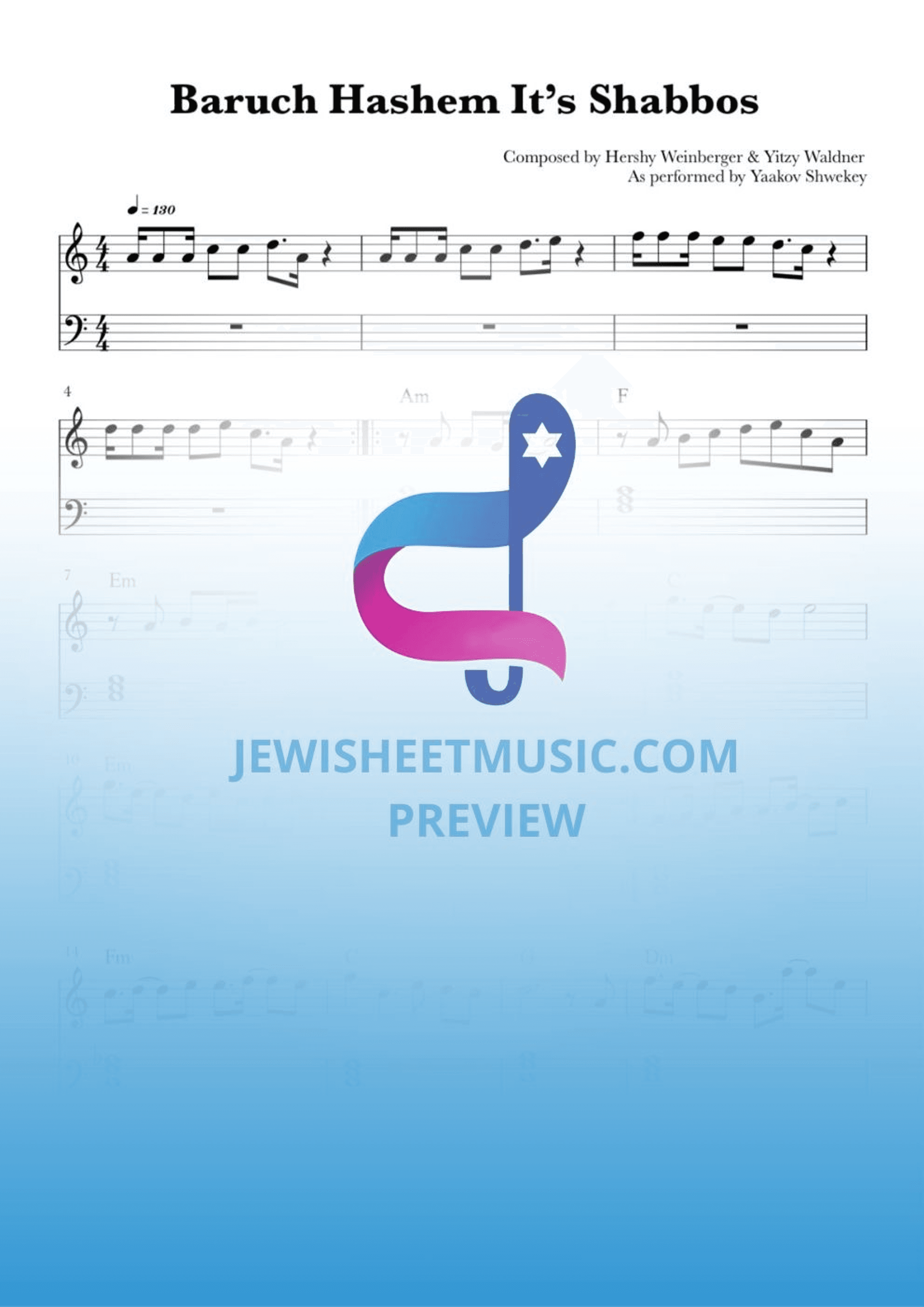 Baruch Hashem It’s Shabbos by Yaakov Shwekey. Easy sheet music (arr. R. Sloboder)