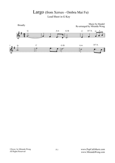 Largo from Xerxes - Lead Sheet in G Key (Violin or Flute Solo) (arr. Miranda Wong)