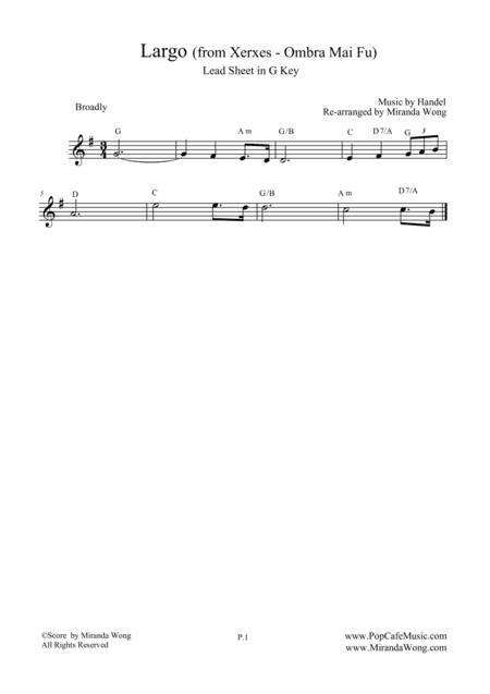 Largo from Xerxes - Lead Sheet in G Key (Violin or Flute Solo) (arr. Miranda Wong)