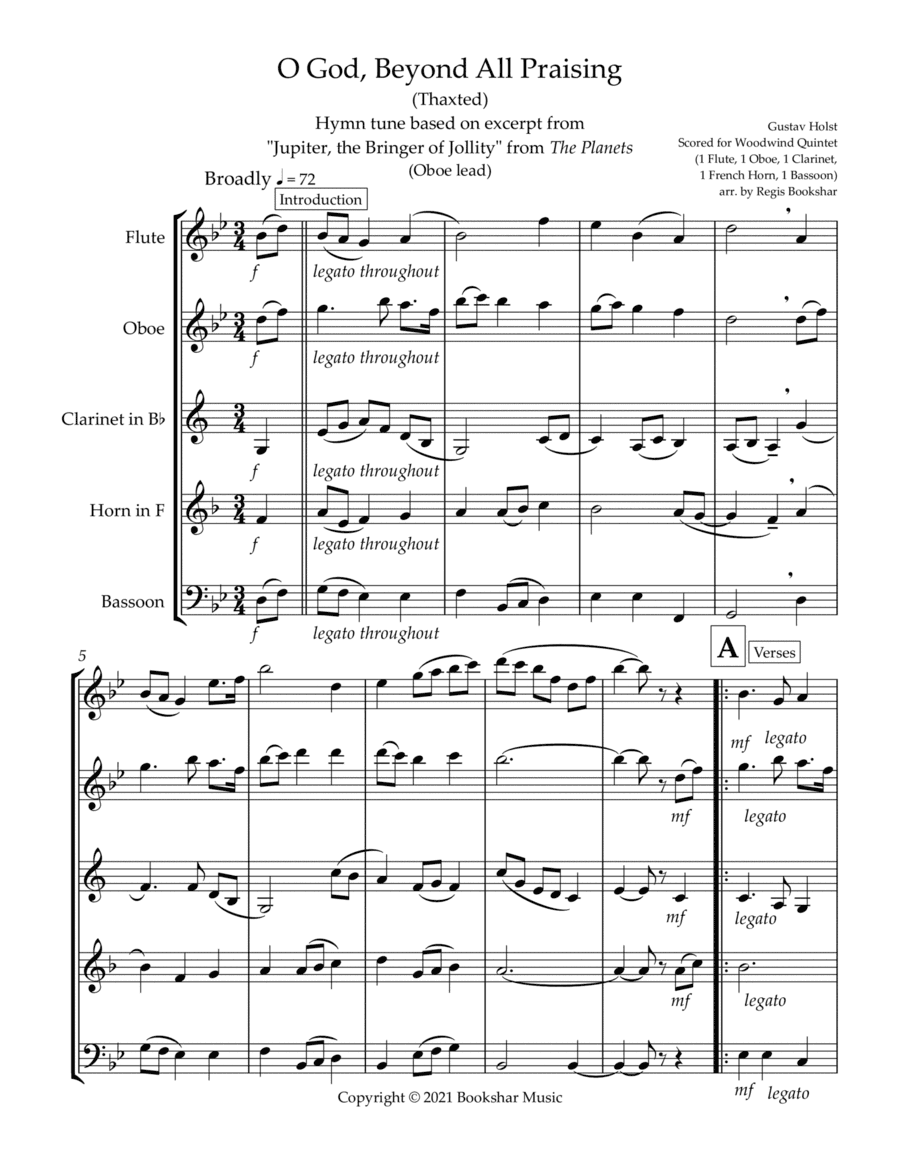 O God, Beyond All Praising (Thaxted) (Bb) (Woodwind Quintet - 1 Flute, 1 Oboe, 1 Clar, 1 Hrn, 1 Bass (arr. Regis Bookshar)