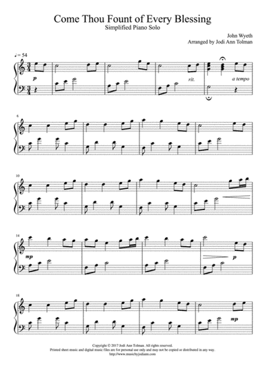 Come Thou Fount of Every Blessing, Simplified Piano Solo (arr. Jodi Ann Tolman)