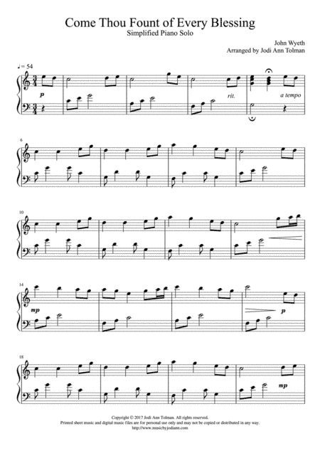 Come Thou Fount of Every Blessing, Simplified Piano Solo (arr. Jodi Ann Tolman)