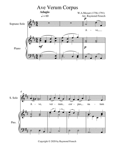 Ave Verum Corpus Soprano Voice and Piano - Intermediate level (arr. Raymond Fenech)