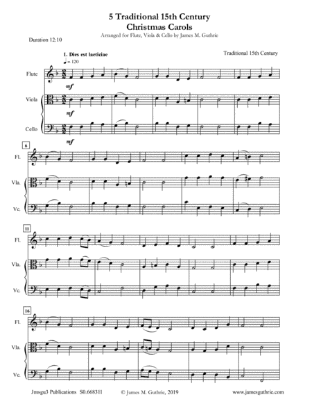 5 Traditional 15th Century Christmas Carols for Flute, Viola & Cello (arr. James M. Guthrie, ASCAP)