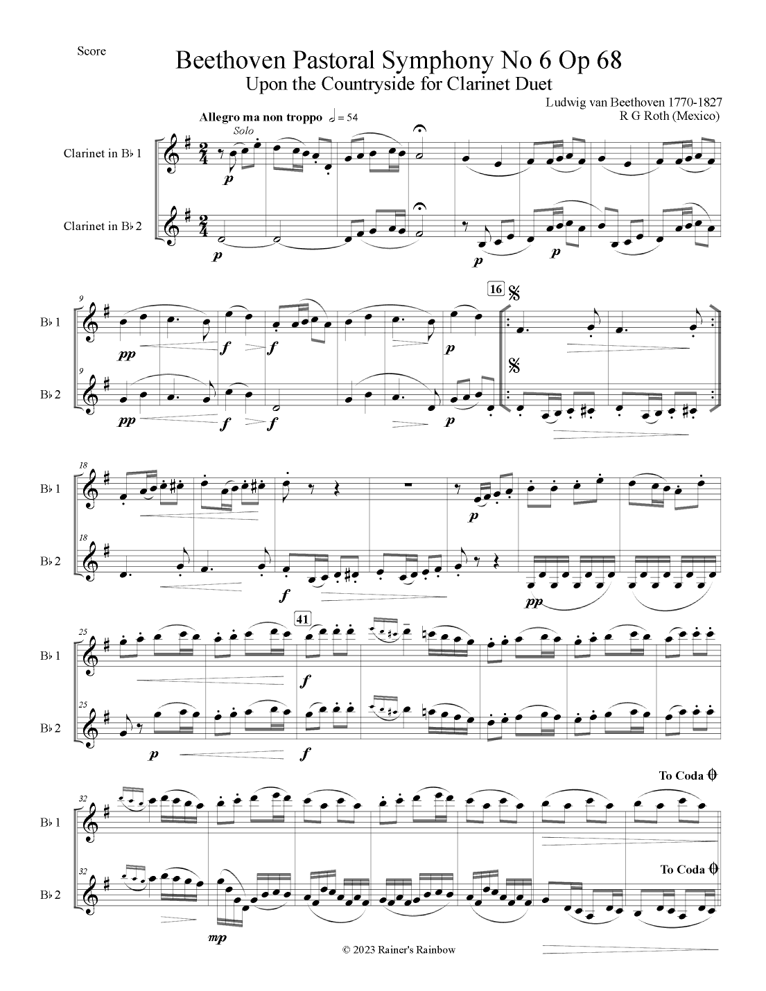 Beethoven Pastoral Symphony No 6 The Countryside Clarinet Duet (arr. R G Roth)