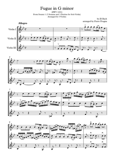 Fugue in G minor (from 3 Sonatas and 3 Partitas for Solo Violin) (BWV 1001) - arranged for 3 violins (arr. Pietro Prugna)