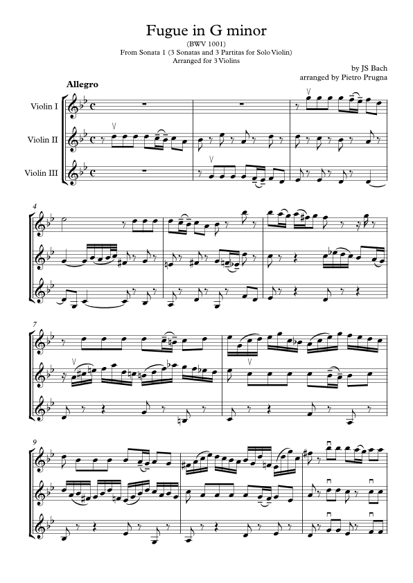 Fugue in G minor (from 3 Sonatas and 3 Partitas for Solo Violin) (BWV 1001) - arranged for 3 violins (arr. Pietro Prugna)