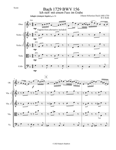 Bach 1729 BWV 156 Adagio for Solo Oboe or English Horn & Strings Parts and Score (arr. R G Roth)