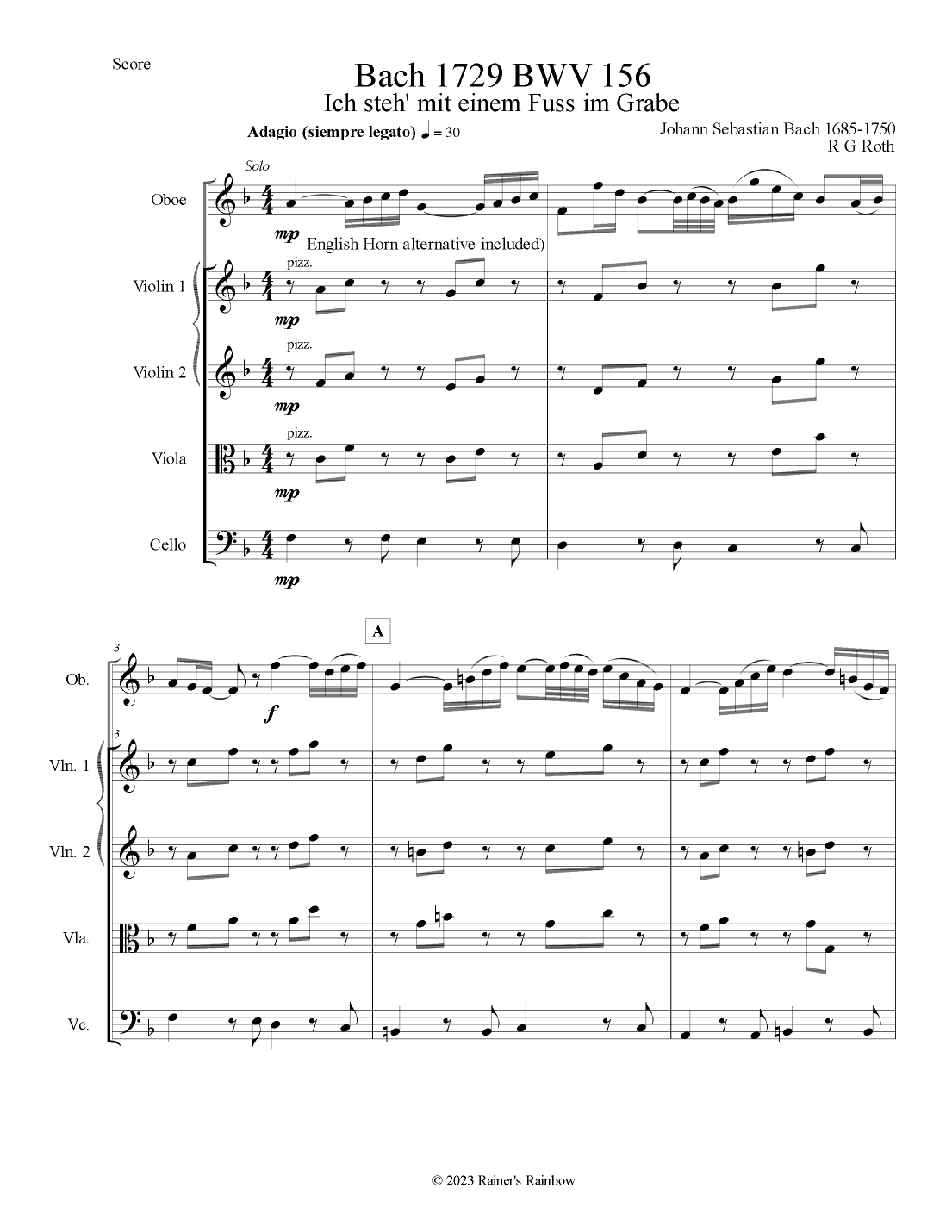 Bach 1729 BWV 156 Adagio for Solo Oboe or English Horn & Strings Parts and Score (arr. R G Roth)