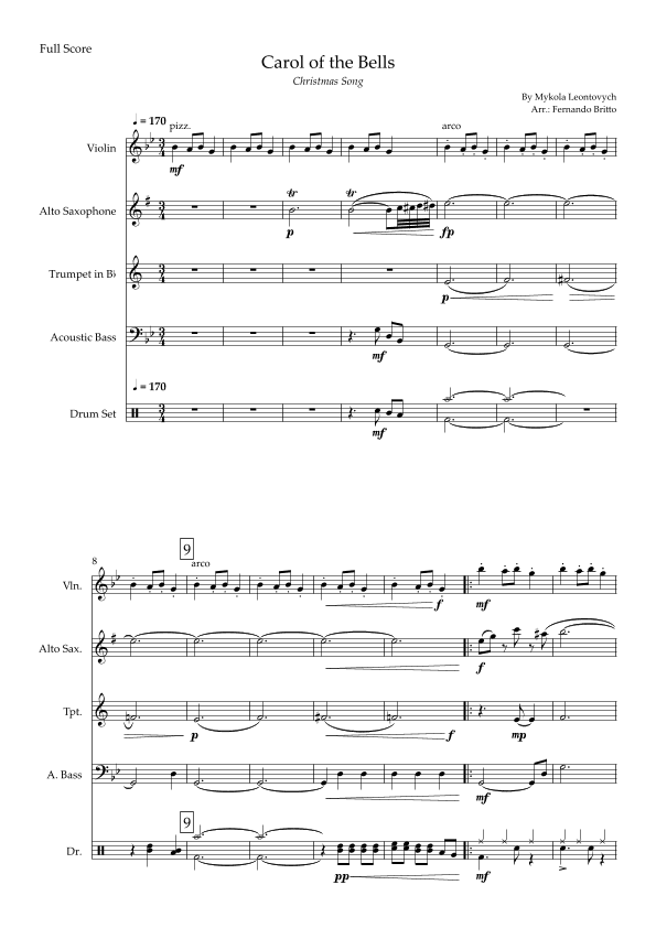Carol of the Bells Jazz Version (Christmas Song) for Violin, Alto Sax, Trumpet, Ac. Bass and Drums (arr. Fabio Britto)