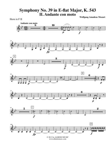 Mozart Symphony No. 39, Movement II - Horn in F 2 (Transposed Part), K. 543 (arr. Doug Clyde)