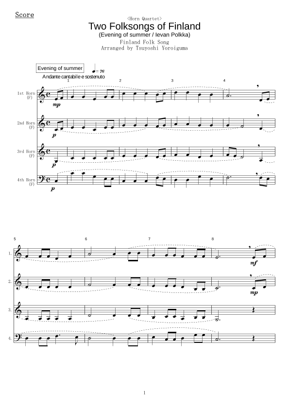 [Horn Quartet]  Two Folksongs of Finland (arr. Tsuyoshi Yoroiguma)