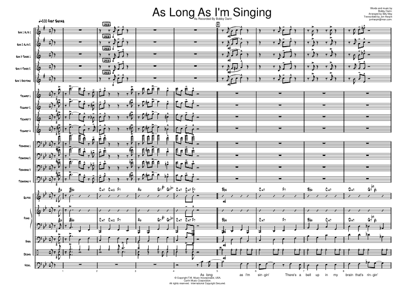 As Long As I'm Singing - Score Only (arr. Billy May Transcribed by Jon Harpin)