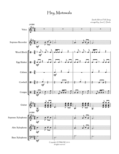 Hey, Motswala (African Folk Song) arranged for Orff Ensemble (arr. Juan C. Davila)