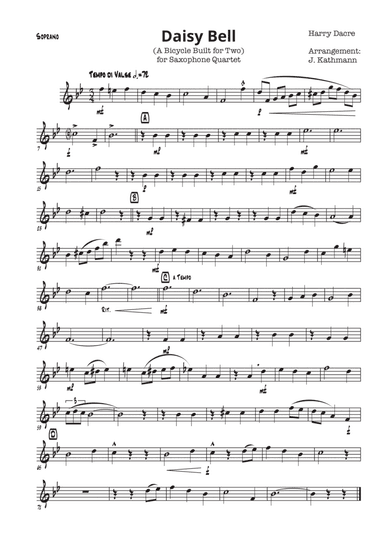Daisy Bell (Bicycle Built for Two) by Harry Dacre, for saxophone quartett, SATB (arr. J. Kathmann)