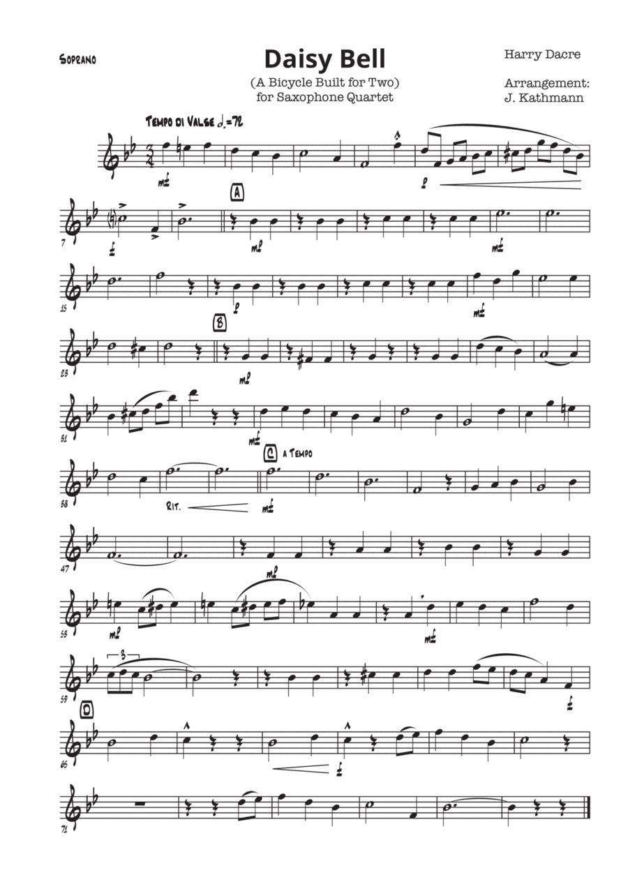 Daisy Bell (Bicycle Built for Two) by Harry Dacre, for saxophone quartett, SATB (arr. J. Kathmann)