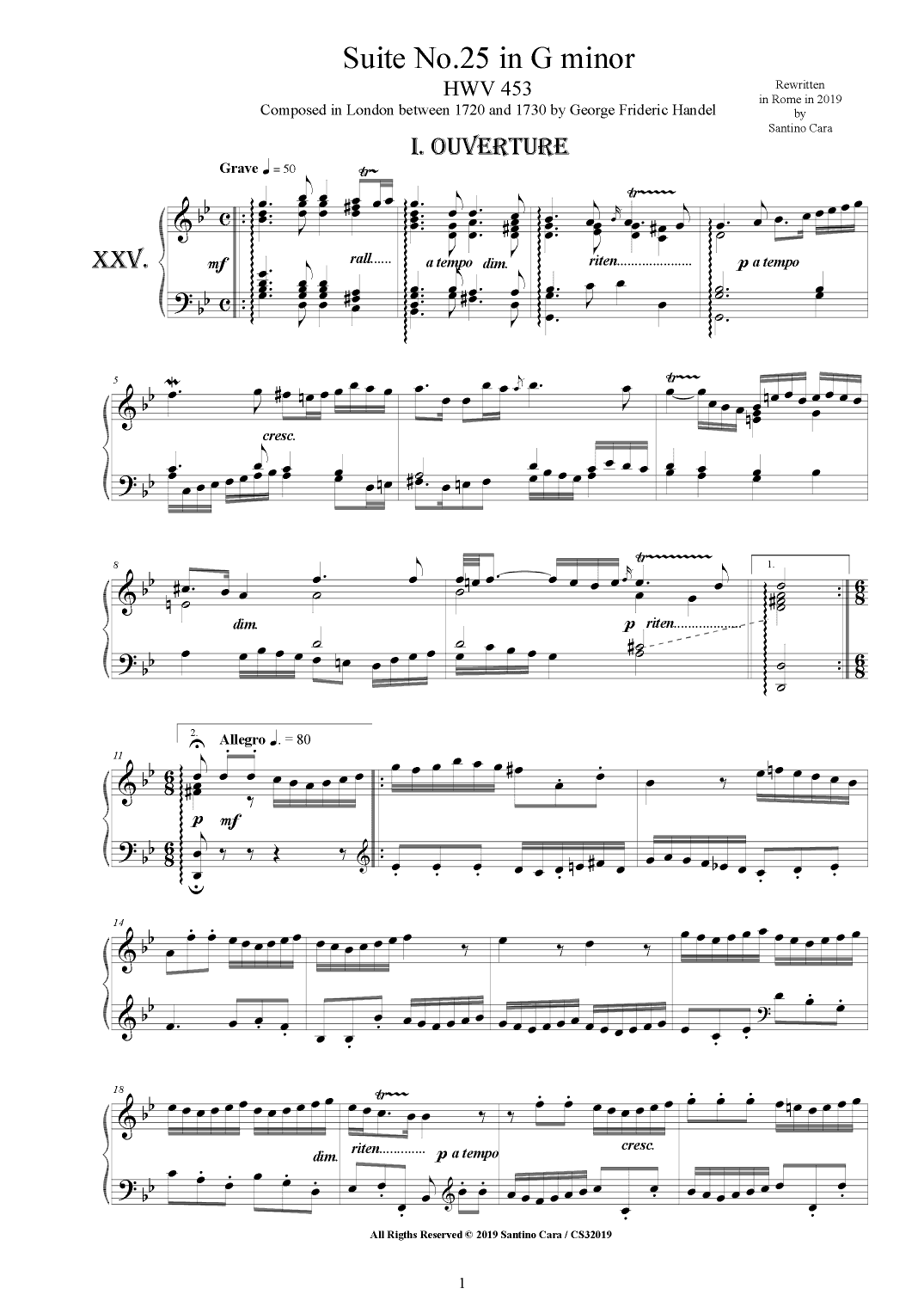 Handel - Piano Suite No.25 in G minor HWV 453 (arr. Santino Cara)