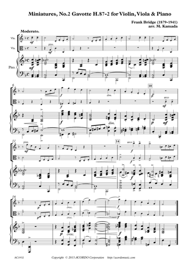 Miniatures, No.2 Gavotte H.87-2 for Violin, Viola & Piano (arr. Mikio Kamada)