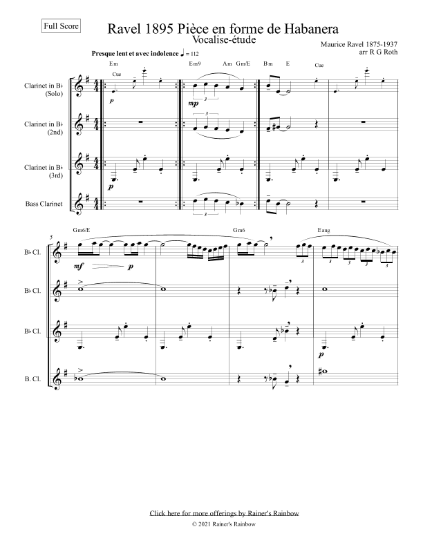 Ravel Vocalise Etude En Form Habanera Clarinet Quartet (arr. R G Roth)