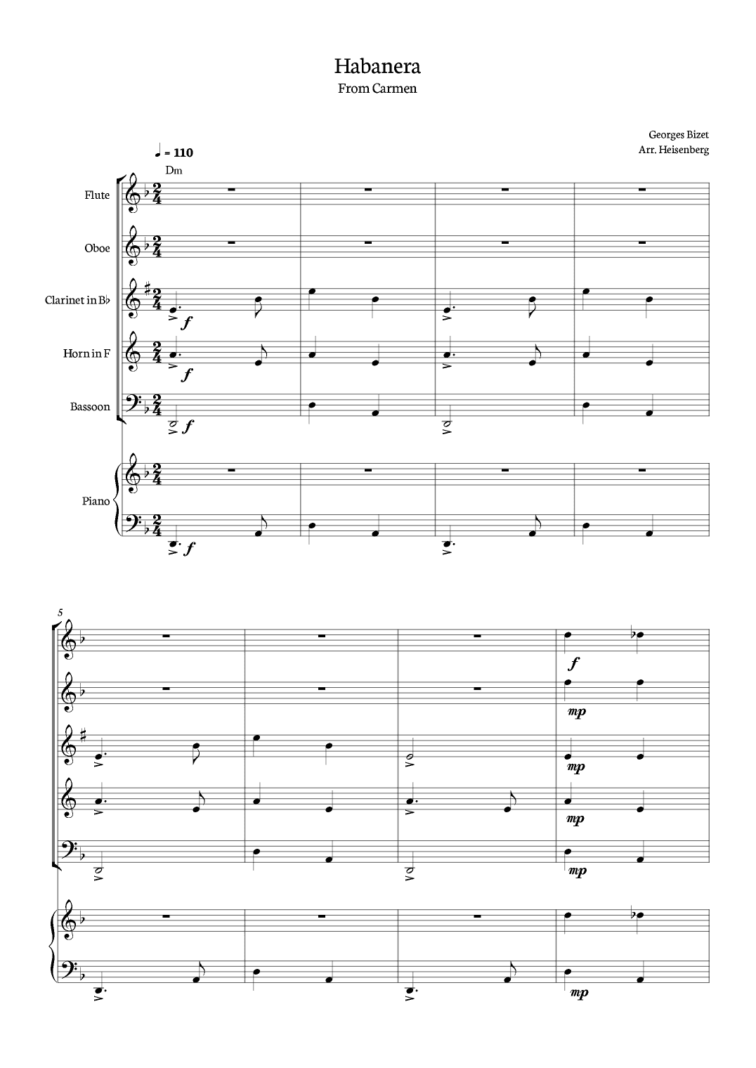 Habanera - Carmen - Georges Bizet, for Woodwind Quintet in a easy version with piano and chords. (arr. Heisenberg)