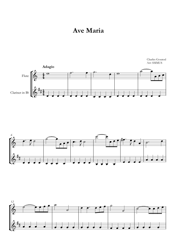 Ave Maria (Bach-Gounod) in Eb Major for Clarinet and Flute (arr. SMMUS)