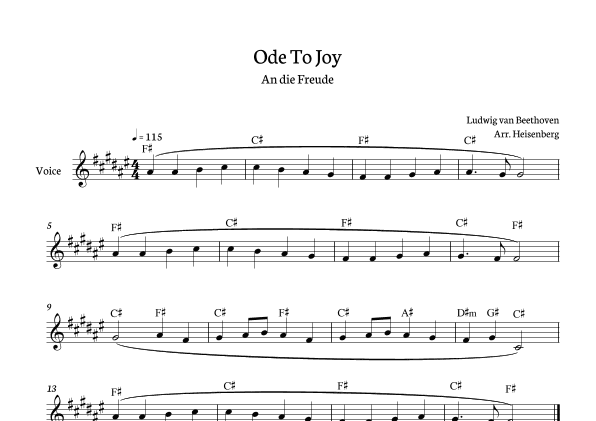 Beethoven - Ode To Joy for voice with chords in F# (Lyrics in German)  (arr. Heisenberg)