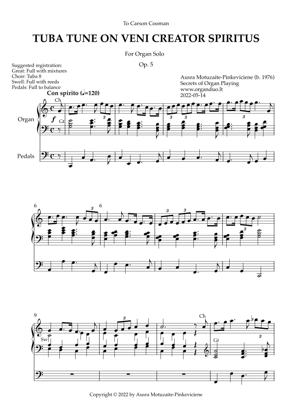 Tuba Tune on Veni Creator Spiritus, Op. 5 (Organ Solo) by Ausra Motuzaite-Pinkeviciene