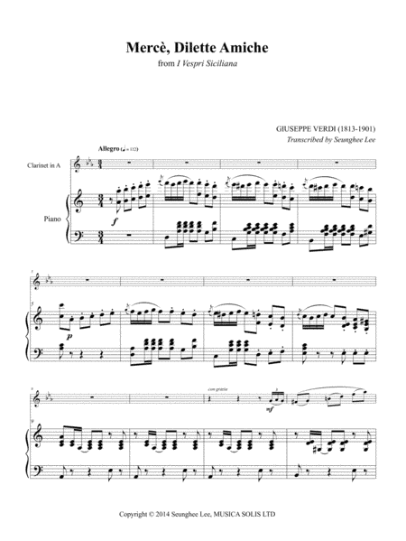 Giuseppe Verdi: Merce, Dilette Amiche for Clarinet in A and Piano (arr. Seunghee Lee)