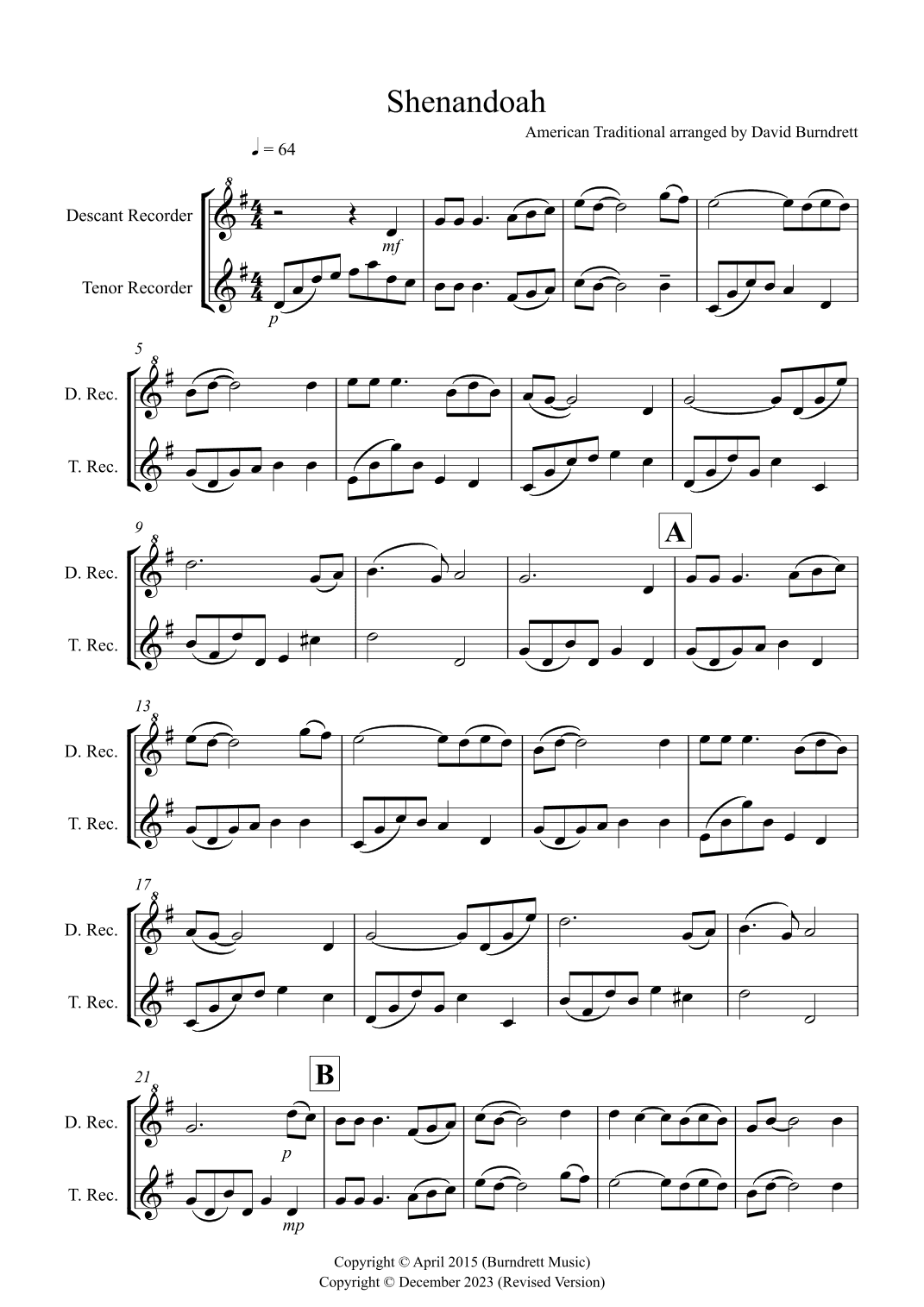 Shenandoah for Descant and Tenor Recorder Duet (arr. David Burndrett)