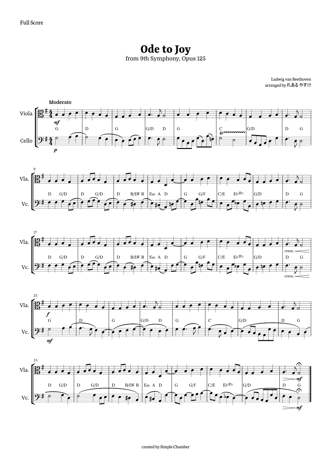 Ode to Joy for Viola and Cello by Beethoven Opus 125 (arr. れある やすけ)