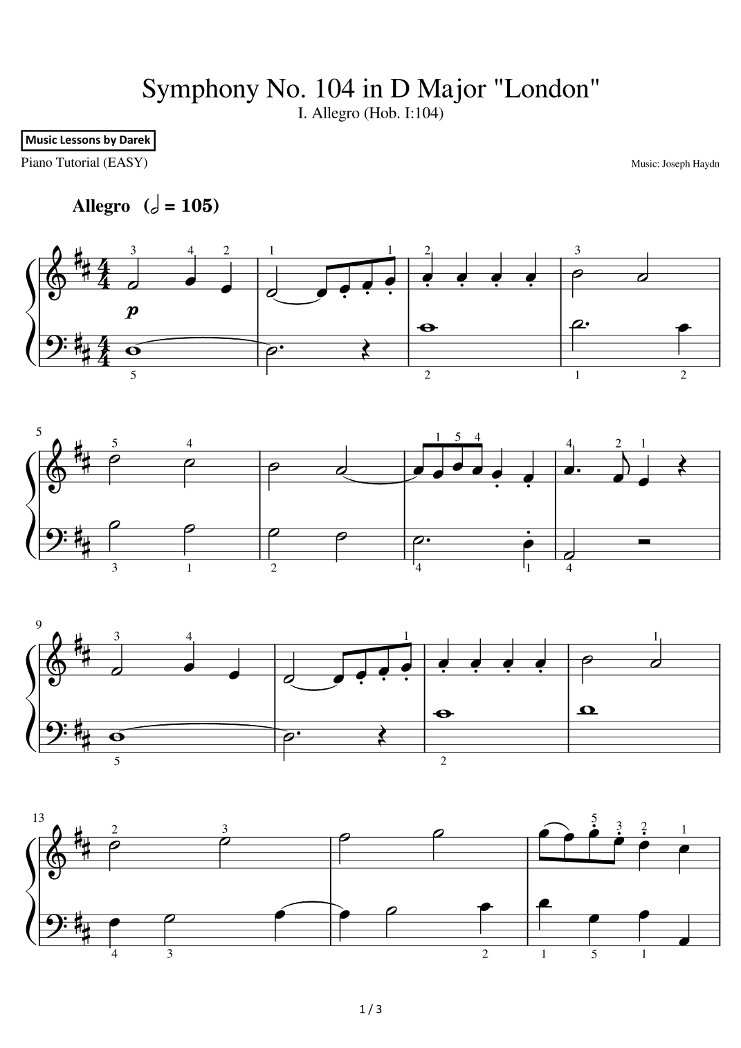Symphony No. 104 in D Major "London" (EASY PIANO) I. Allegro (Hob. I:104) [Joseph Haydn] (arr. Darek)