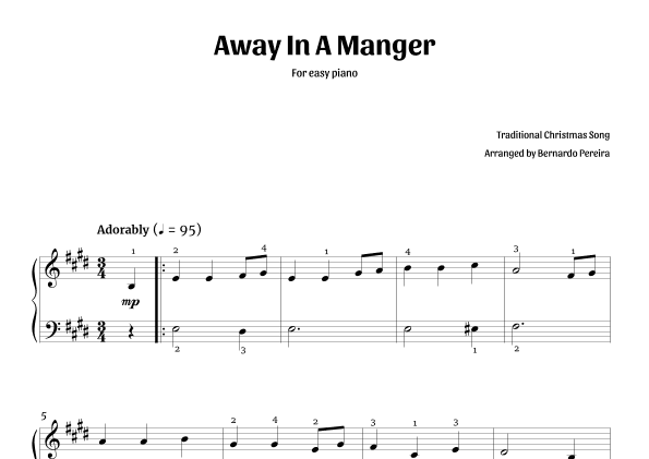 Away In A Manger (easy piano – E major) (arr. Bernardo Pereira)