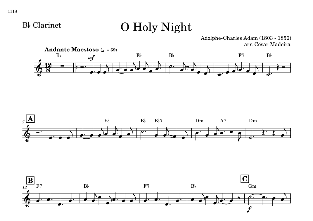 O Holy Night - Bb Clarinet Solo - W/Chords (arr. César Madeira)