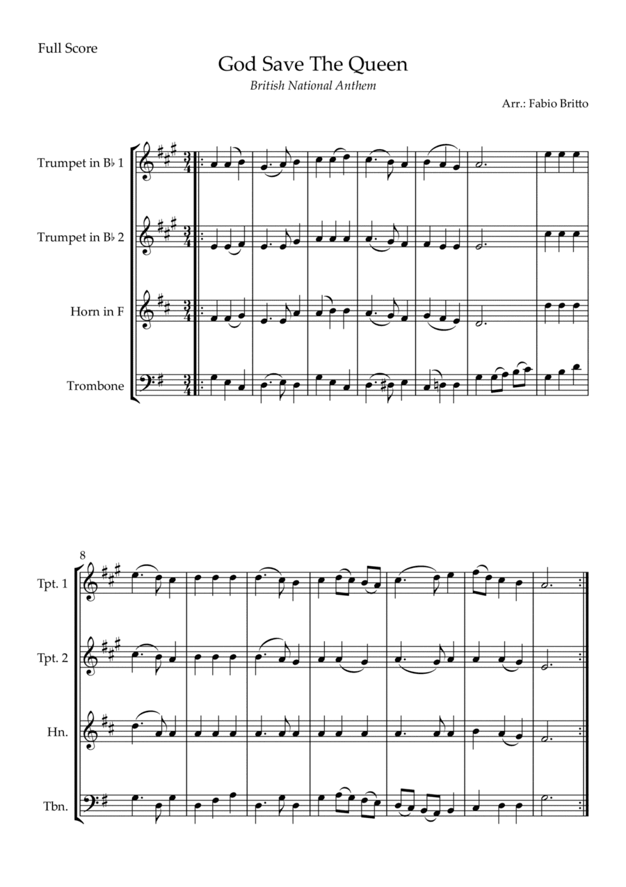 God Save The Queen (British National Anthem) for Brass Quartet (arr. Fabio Britto)