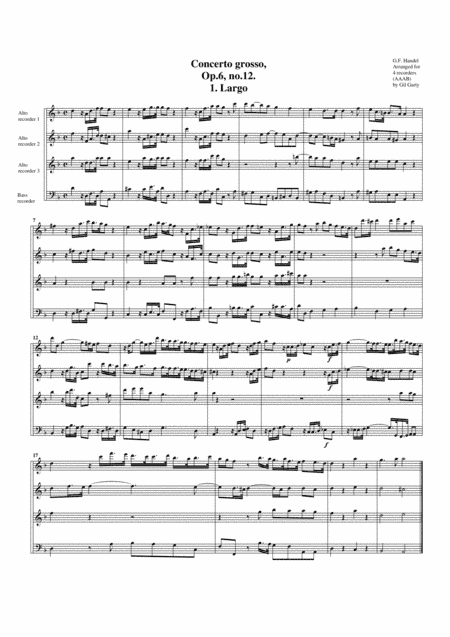 Concerto grosso, Op.6, no.12 (arrangement for 4 recorders) (arr. Gil Garty)
